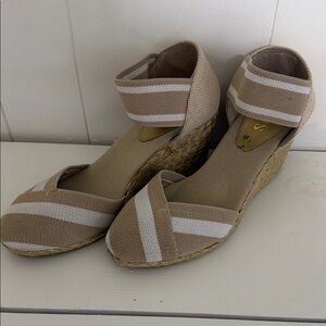 Chaps Beige and White Espadrille Wedge Sandals